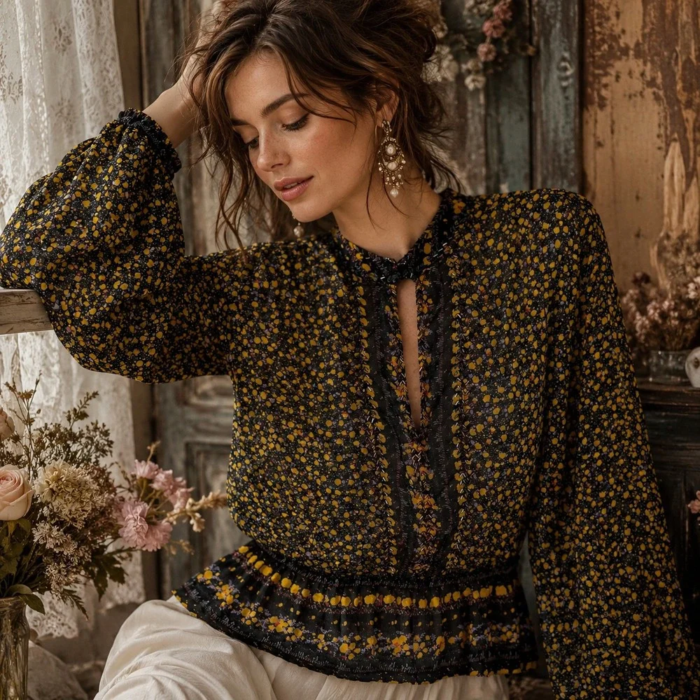 Free People Womens Sheer Floral Beaded Peplum Top Sz M Black Yellow Boho Cottage